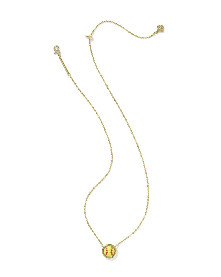 Gold short pendant necklace with a chartreuse magnesite softball charm and adjustable chain.