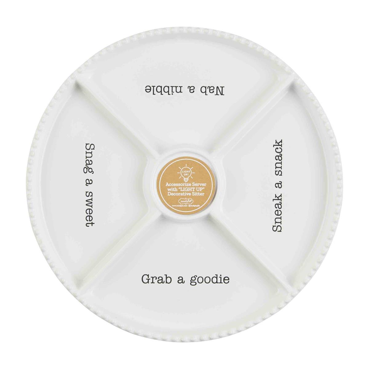 Dolomite snack divided tray with a round shape.