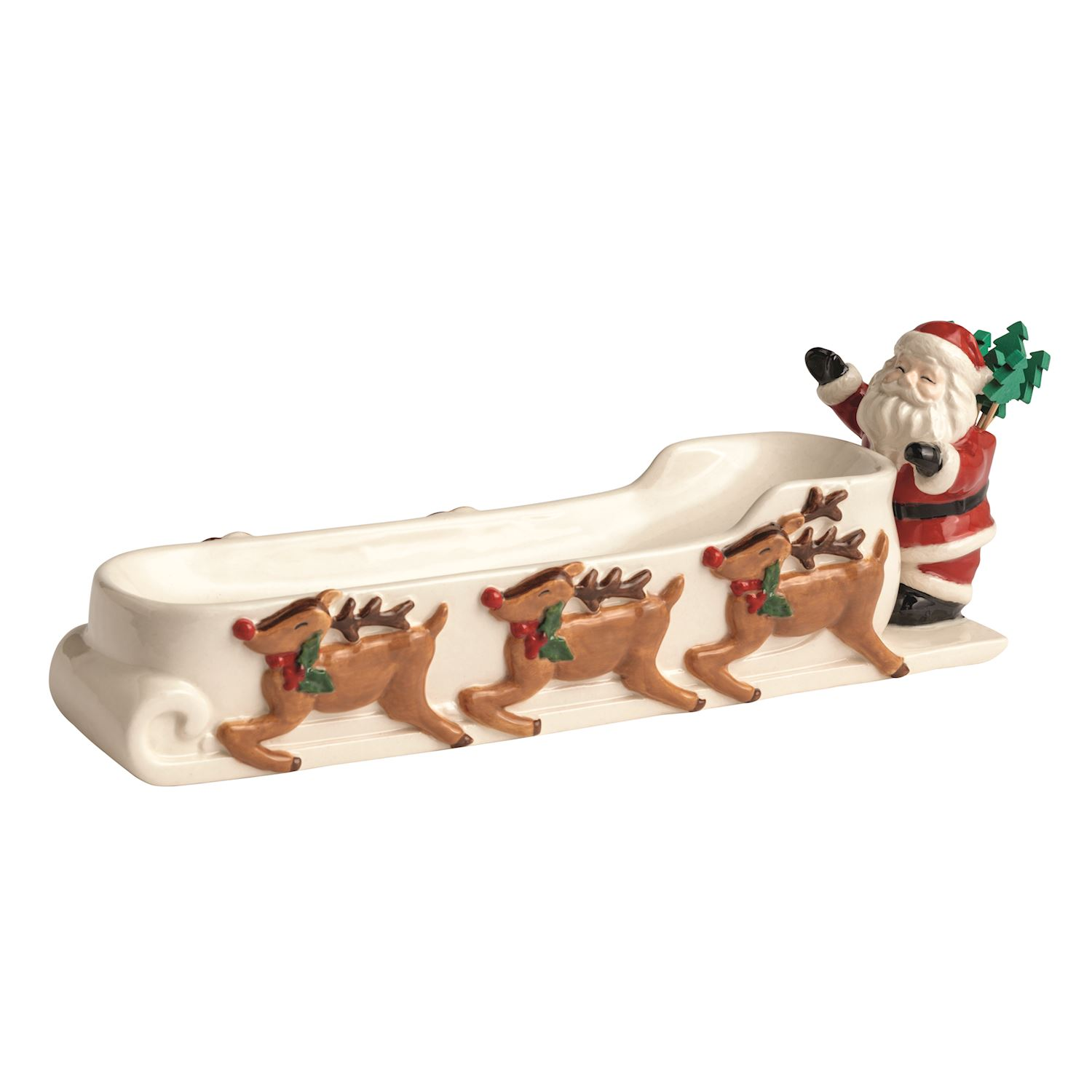 Ceramic Santa's sleigh cracker dish featuring three reindeer and a Santa figure with toothpicks.