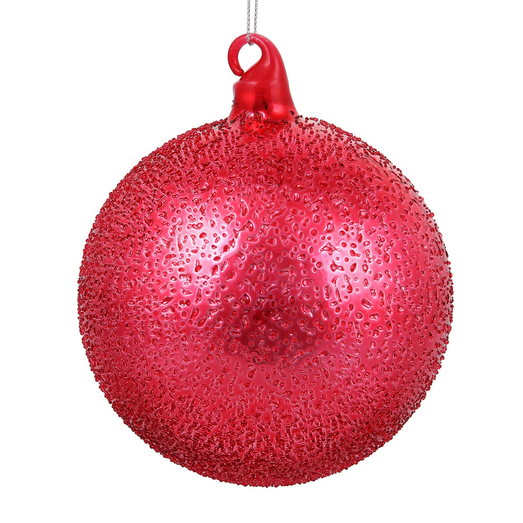 Red 120mm glass ball ornament with a textured surface encrusted in fine glass micro-beads.