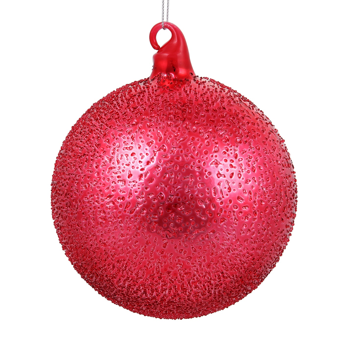 Red 120mm glass ball ornament with a textured surface encrusted in fine glass micro-beads.