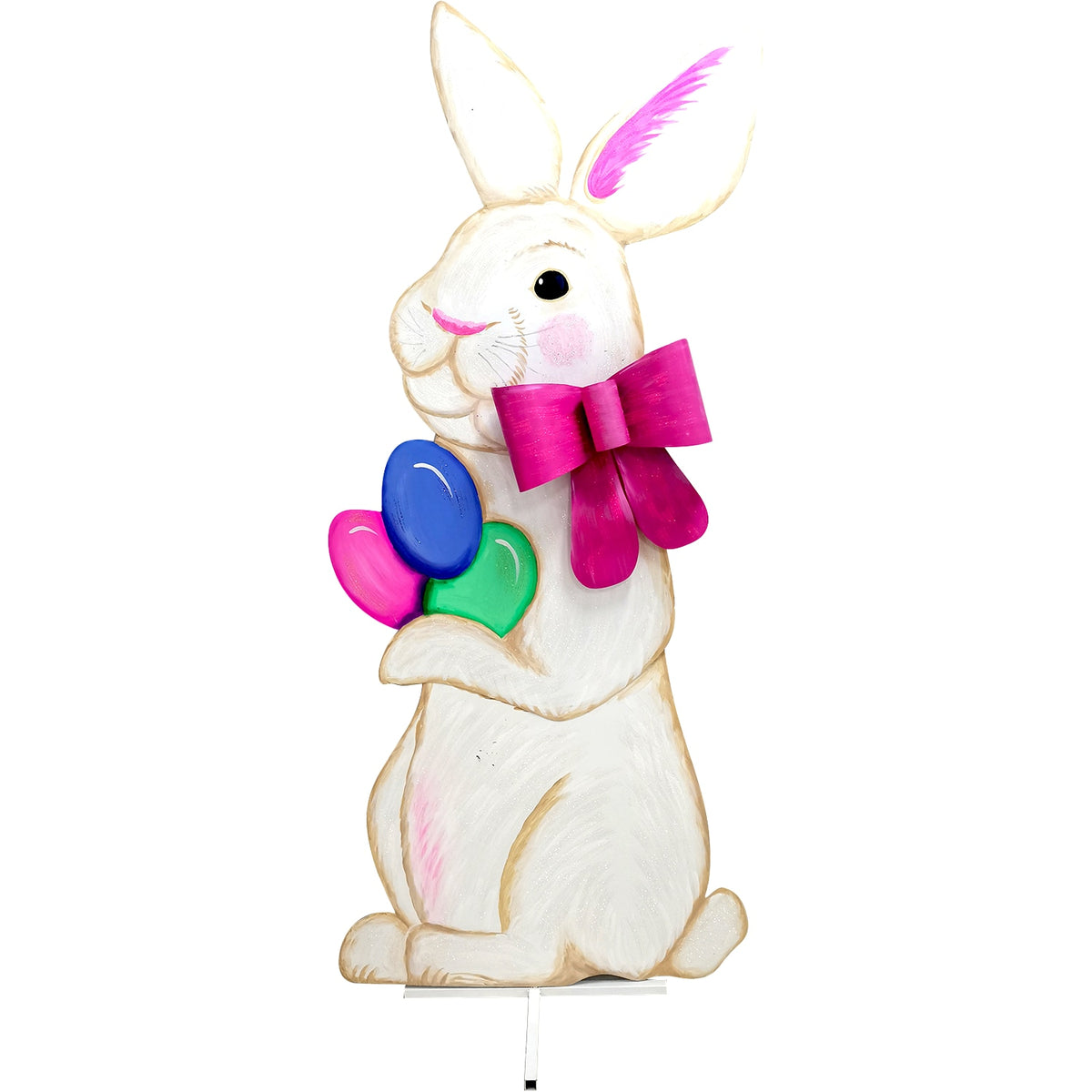 Life-size giant bunny statue with a white body, pink inner ears, black eyes and nose, standing upright on four legs.