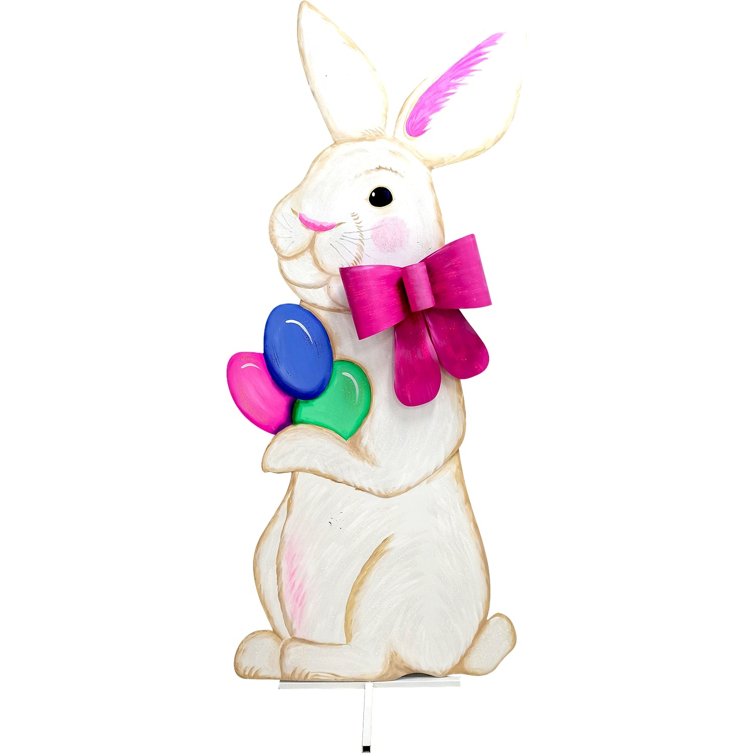 Life-size giant bunny statue with a white body, pink inner ears, black eyes and nose, standing upright on four legs.