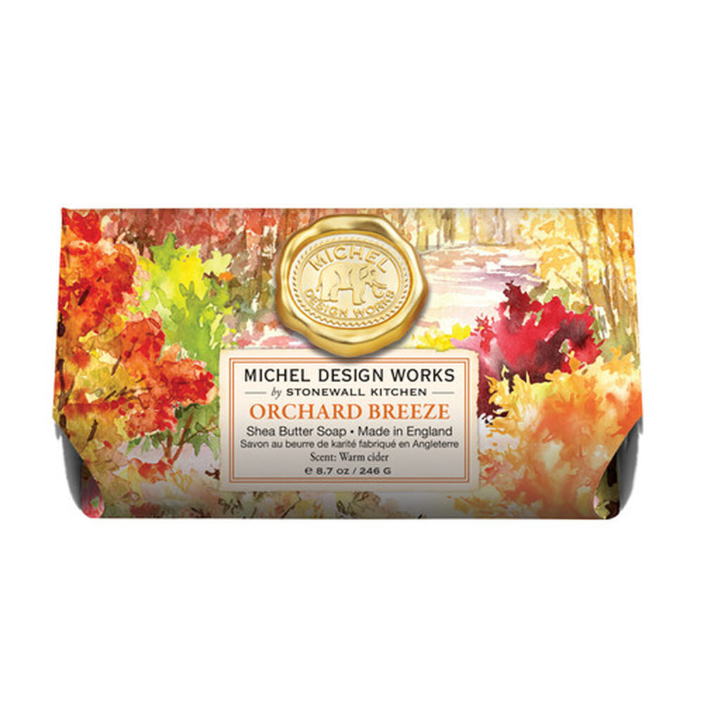 Michel Design Works Orchard Breeze shea butter soap bar with autumn-themed watercolor foliage.
