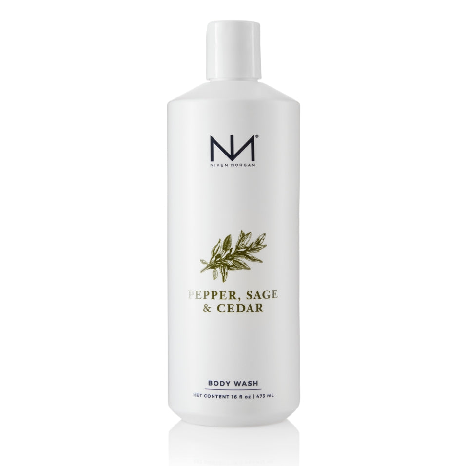 Niven Morgan Pepper, Sage & Cedar Body Wash in a 16 fl oz white bottle.