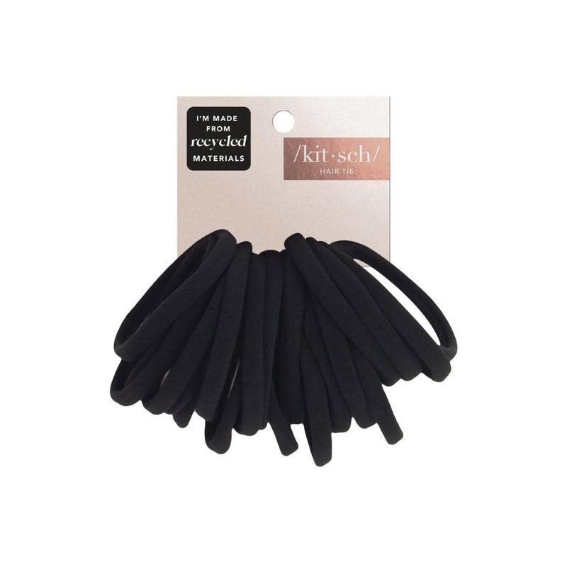 Pack of 20 black eco-friendly nylon hair elastics on a cardboard display card.