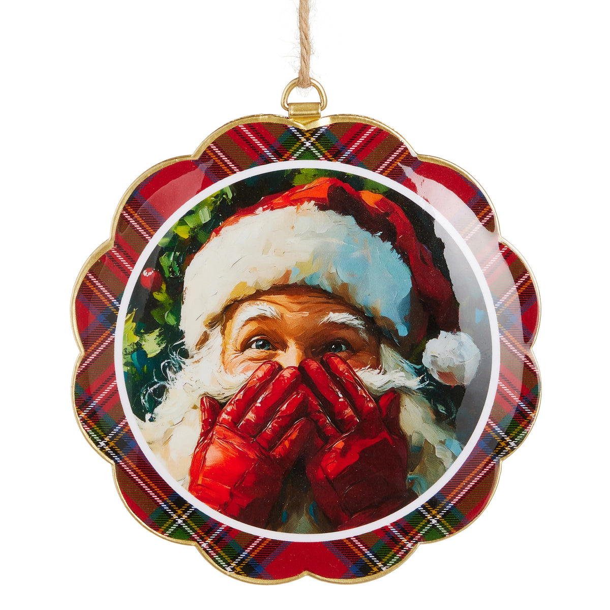 6-inch scalloped disc ornament featuring a painting of Santa Claus in red gloves and plaid border.