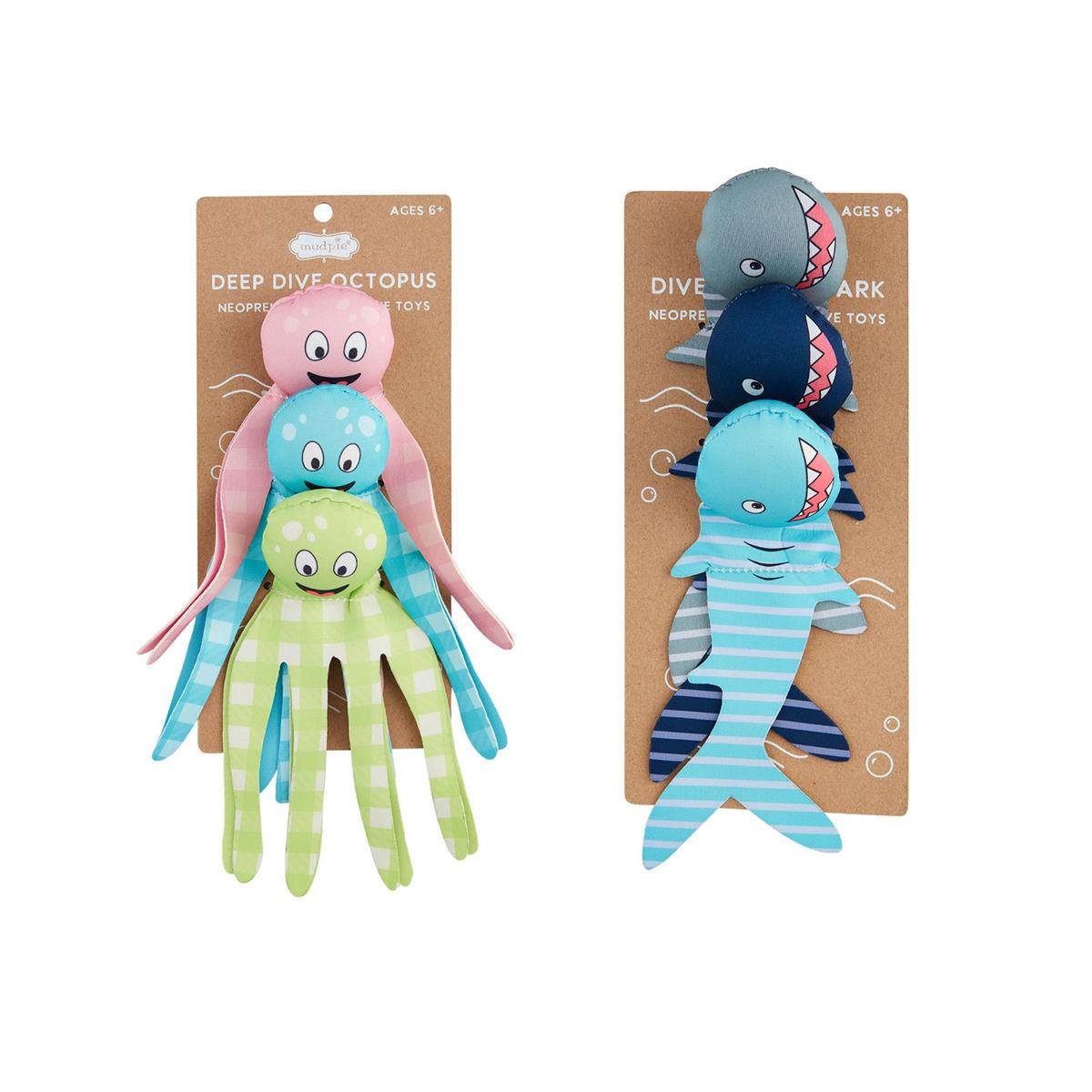 Plastic dive toy set featuring a blue submarine with yellow accents on an illustrated background.