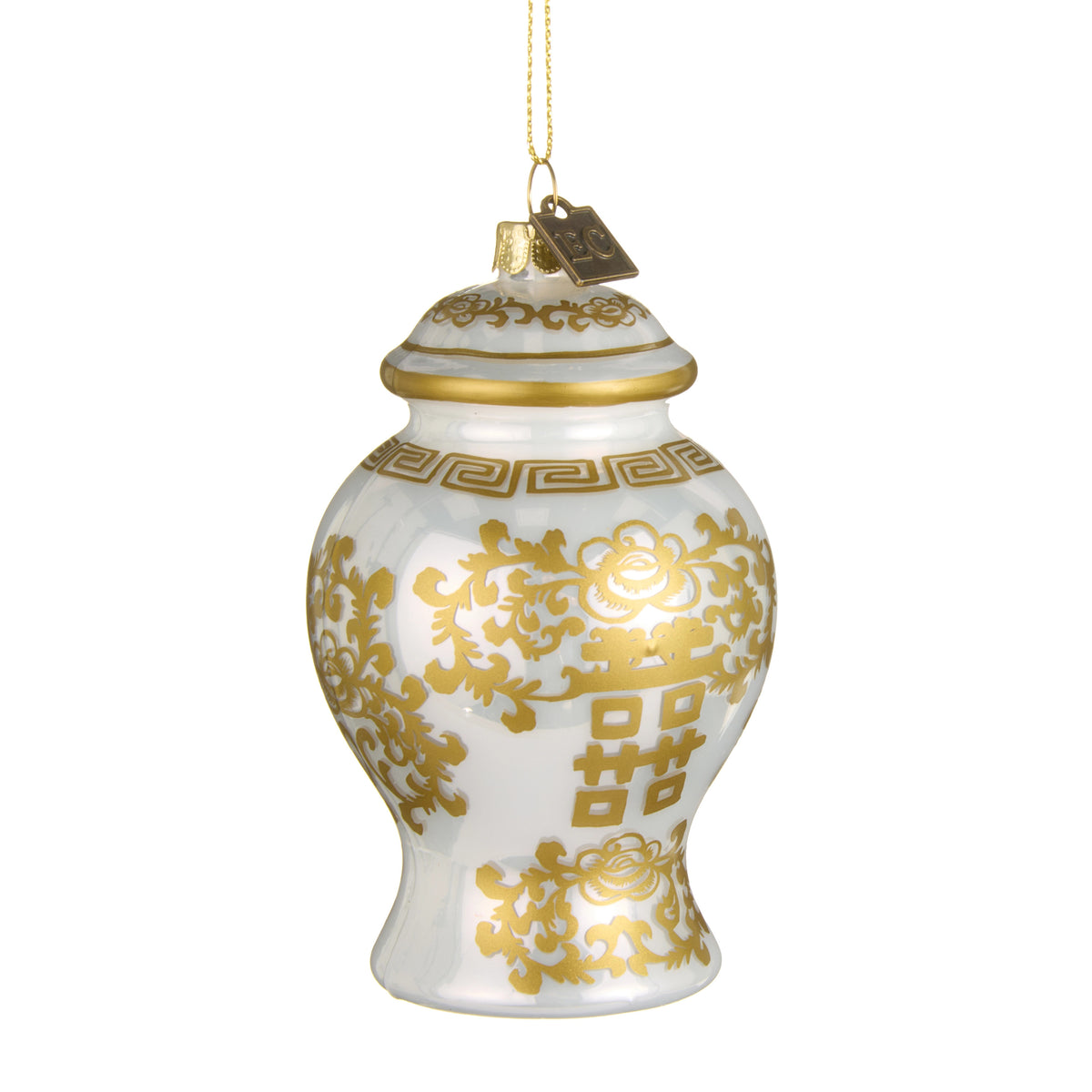 EC 4-inch white glass ginger jar Christmas ornament with gold floral and geometric patterns.