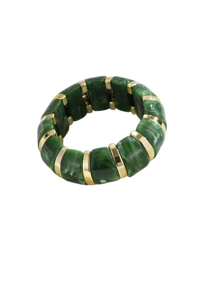 Green marbled acrylic stretch bracelet with gold-toned metal spacers.