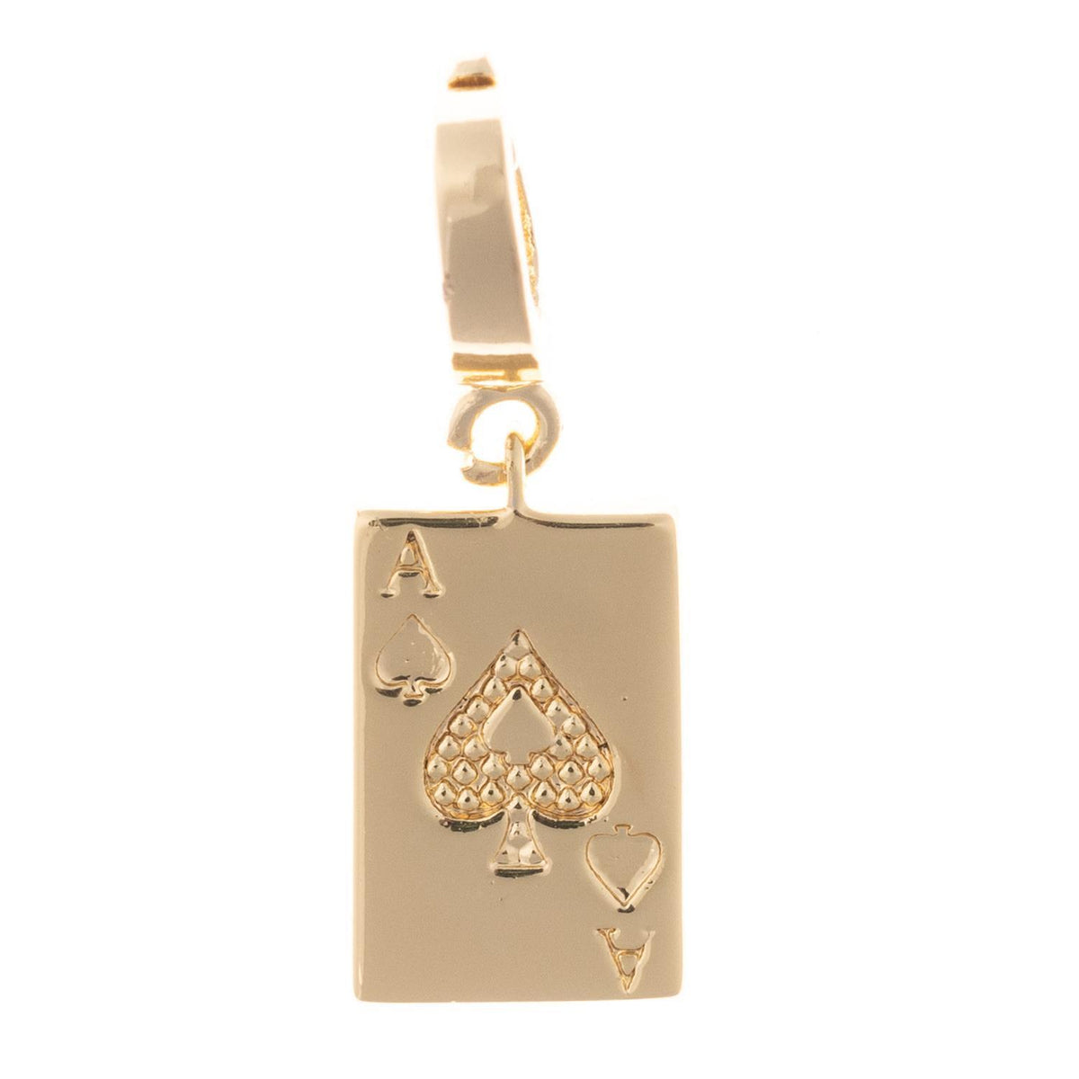 18k gold plated Ace of Spades playing card charm with a clasp for a necklace or bracelet.