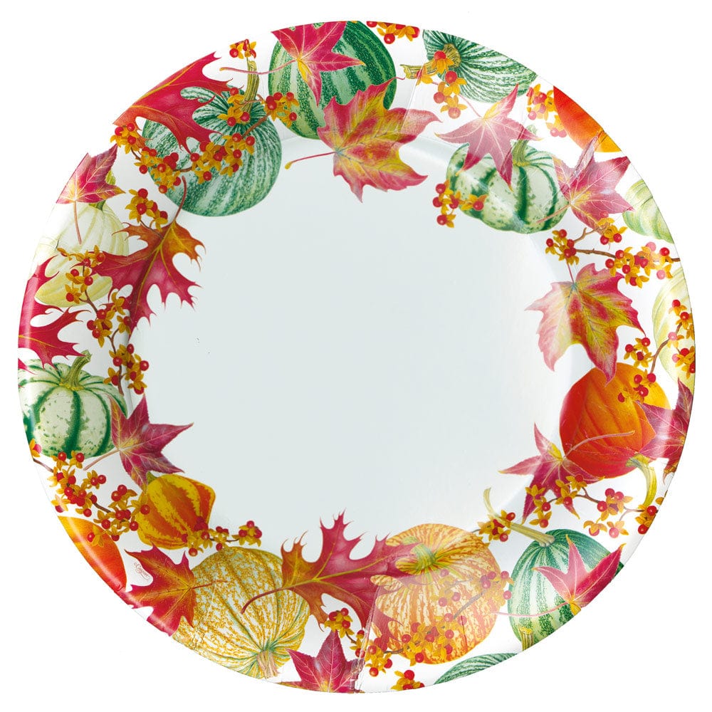 Round white paper dinner plate with a decorative border of colorful autumn gourds and fall leaves.