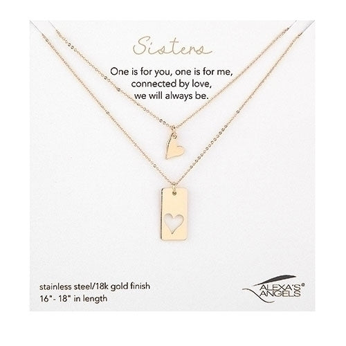 Gold Necklace Sisters set with a heart charm and a rectangular pendant with a heart cutout.
