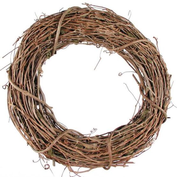 Natural brown round grapevine wreath made of woven dried vines.