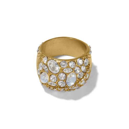Gold plated ring with hand-set crystals in a swirling band