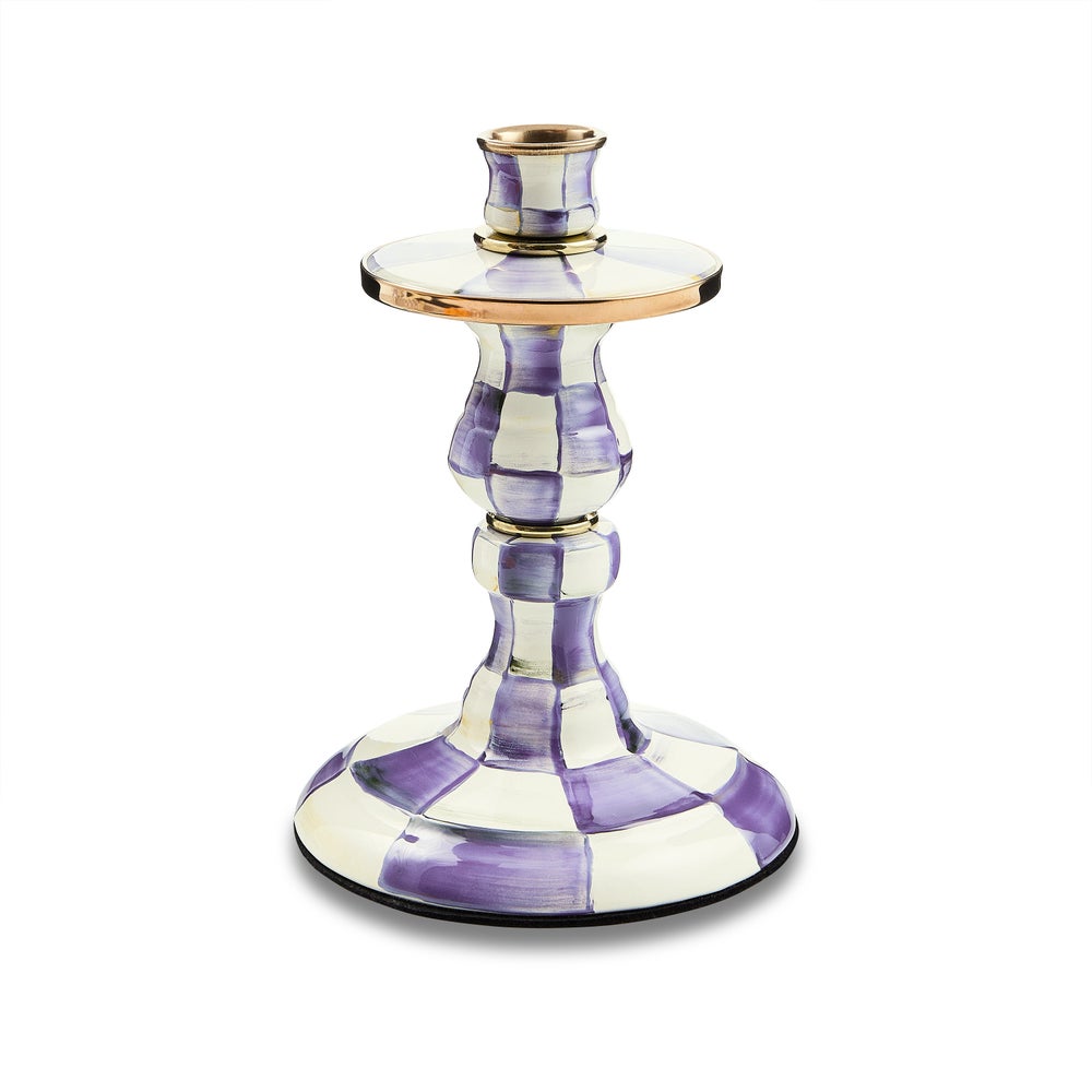Hand-painted checkered enameled steel candlestick with bronzed stainless rim and brass accents.