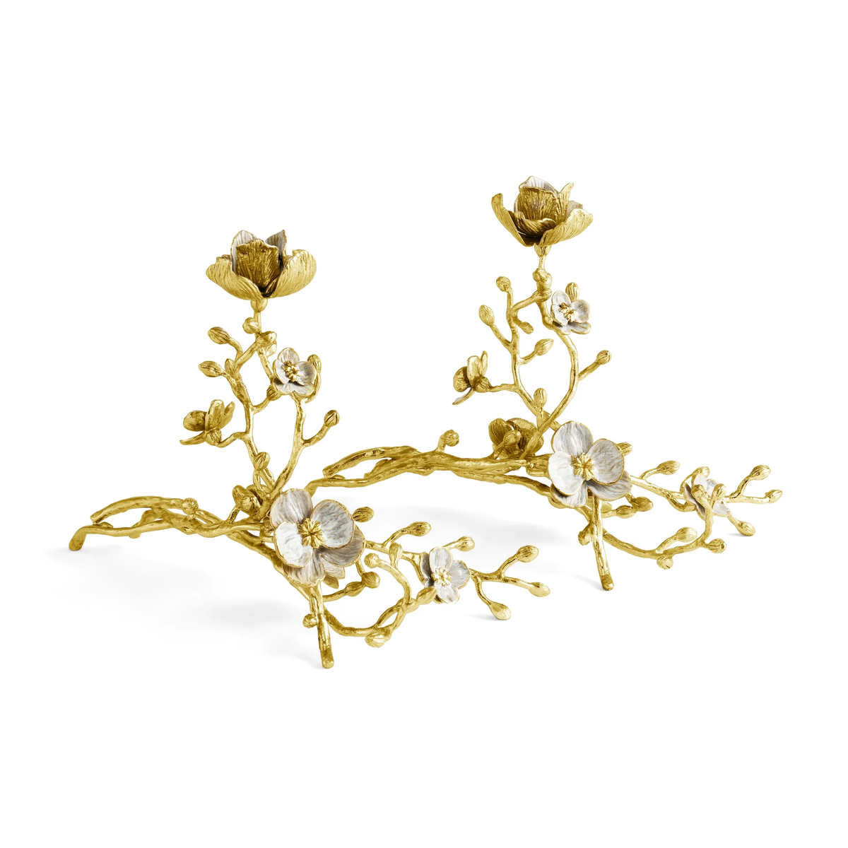 Natural brass sculptural candleholder with white enamel finish holding a small cylindrical tealight.