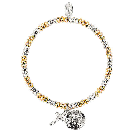 Stretch bracelet in silver and gold tones with a metal cross and an open prayer locket charm.