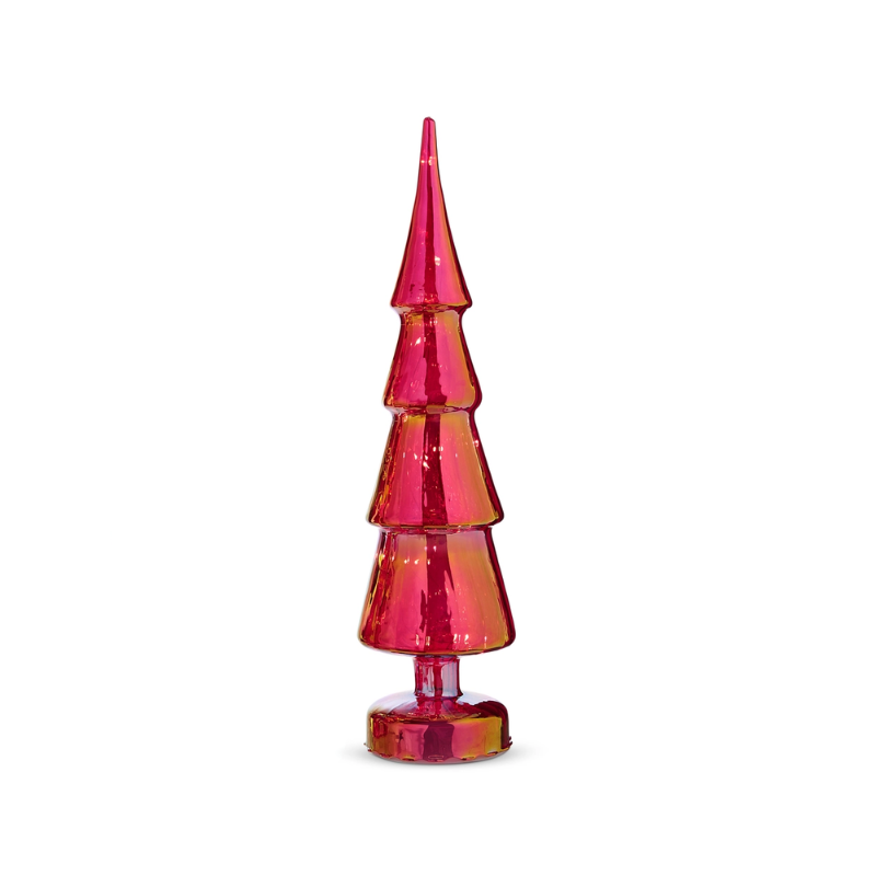 Tall lighted red iridescent glass tree decoration with a tiered design and circular base.