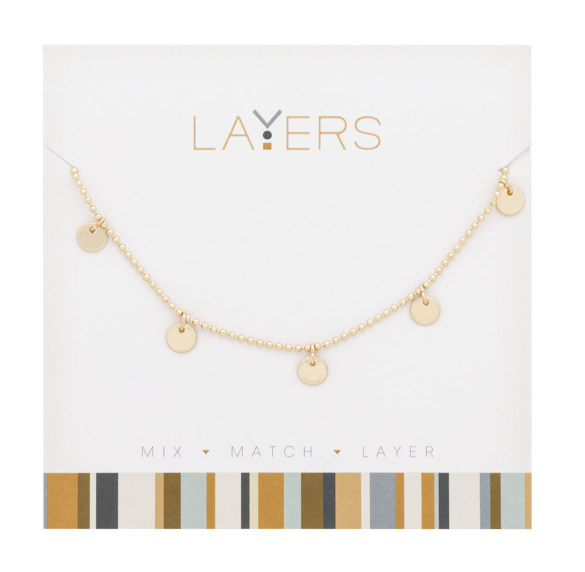Gold flat disc layered necklace with multiple circular pendants on a chain.