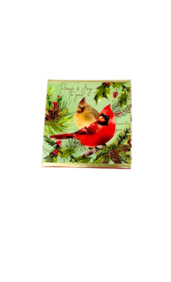 Small holiday soap bar in green packaging featuring two cardinals and 'Peace & Joy' text.