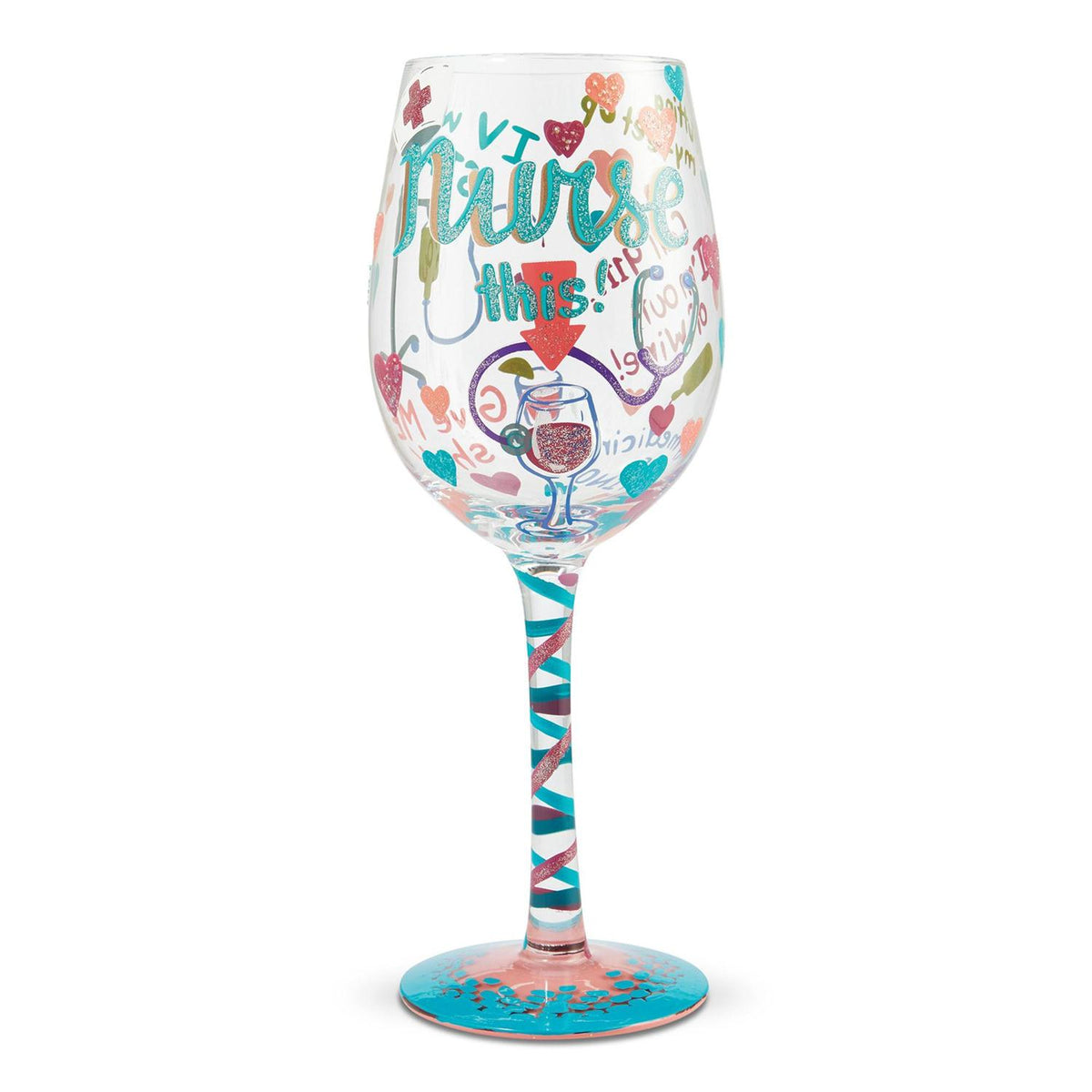 Colorful Lolita wine glass with hand-painted designs, glitter accents, and a cocktail recipe printed on the base.