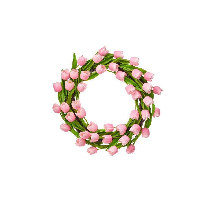 A round 21-inch artificial tulip wreath with a spring green base and pink flower accents.