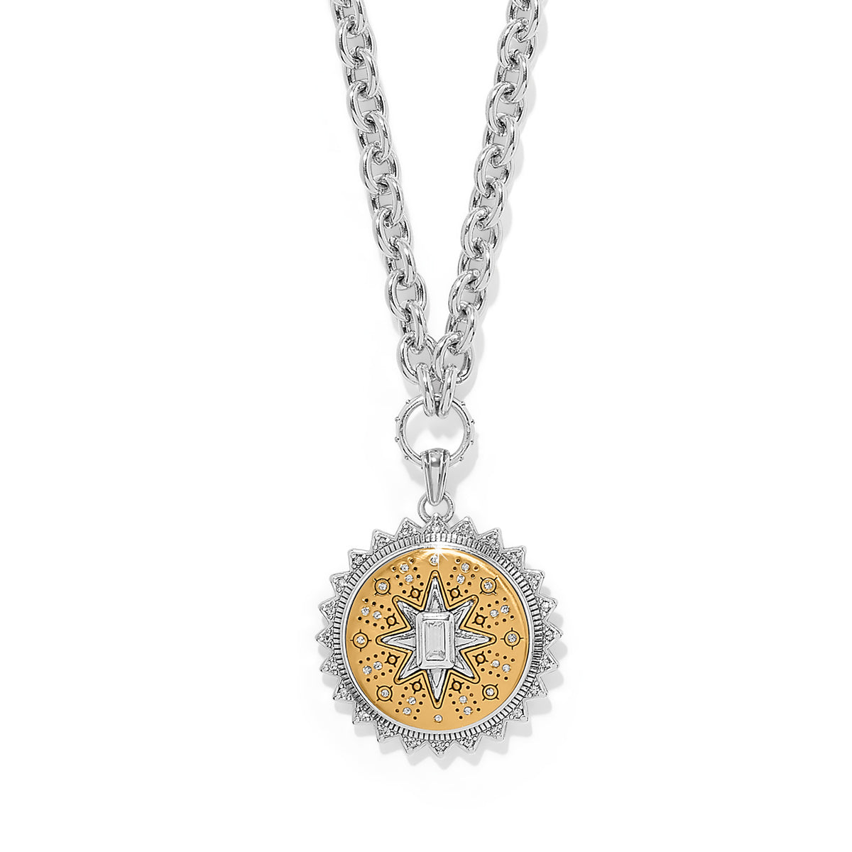 Silver-gold two-tone mosaic pendant necklace on an adjustable chain with lobster claw closure.
