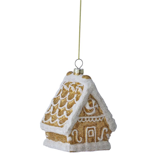 4.5-inch glass gingerbread house ornament with gold glitter and white frosted icing details.