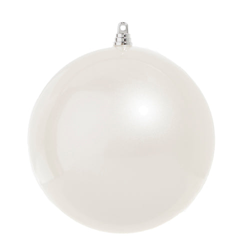 6 inch white pearl finish plastic ball ornament with a silver hanging cap.