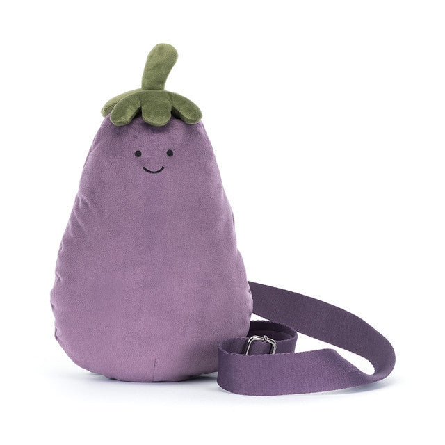 Amuseables Eggplant Bum Bag, a purple plush eggplant with a smiling face and green stem strap.