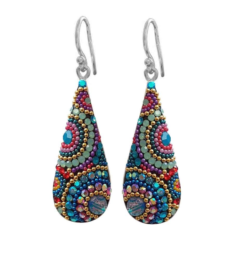 Long teardrop sterling silver earrings featuring a mosaic pattern with Austrian crystals.