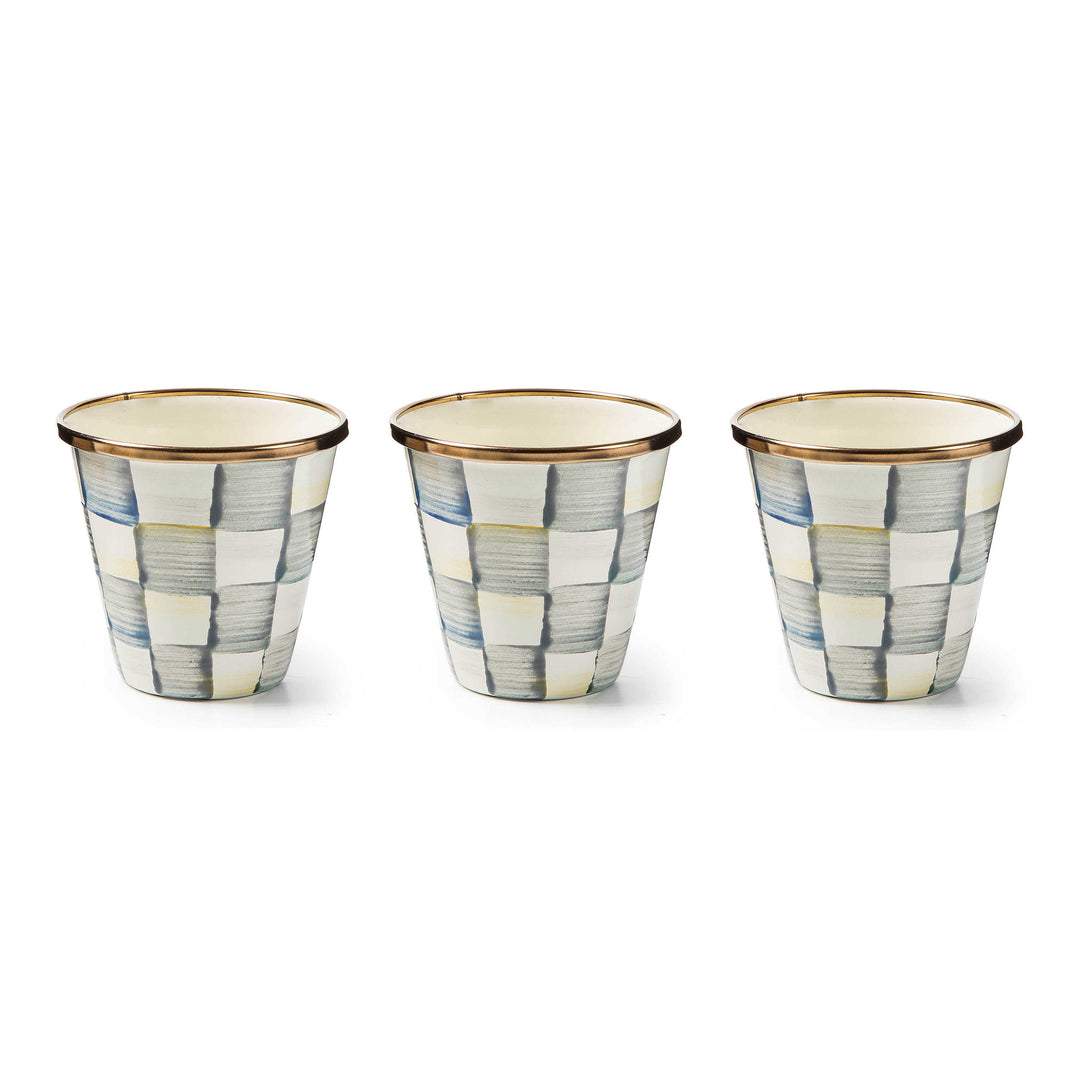 Three Sterling Check enamel herb pots with hand-painted grey and white checks and gold-tone rims.
