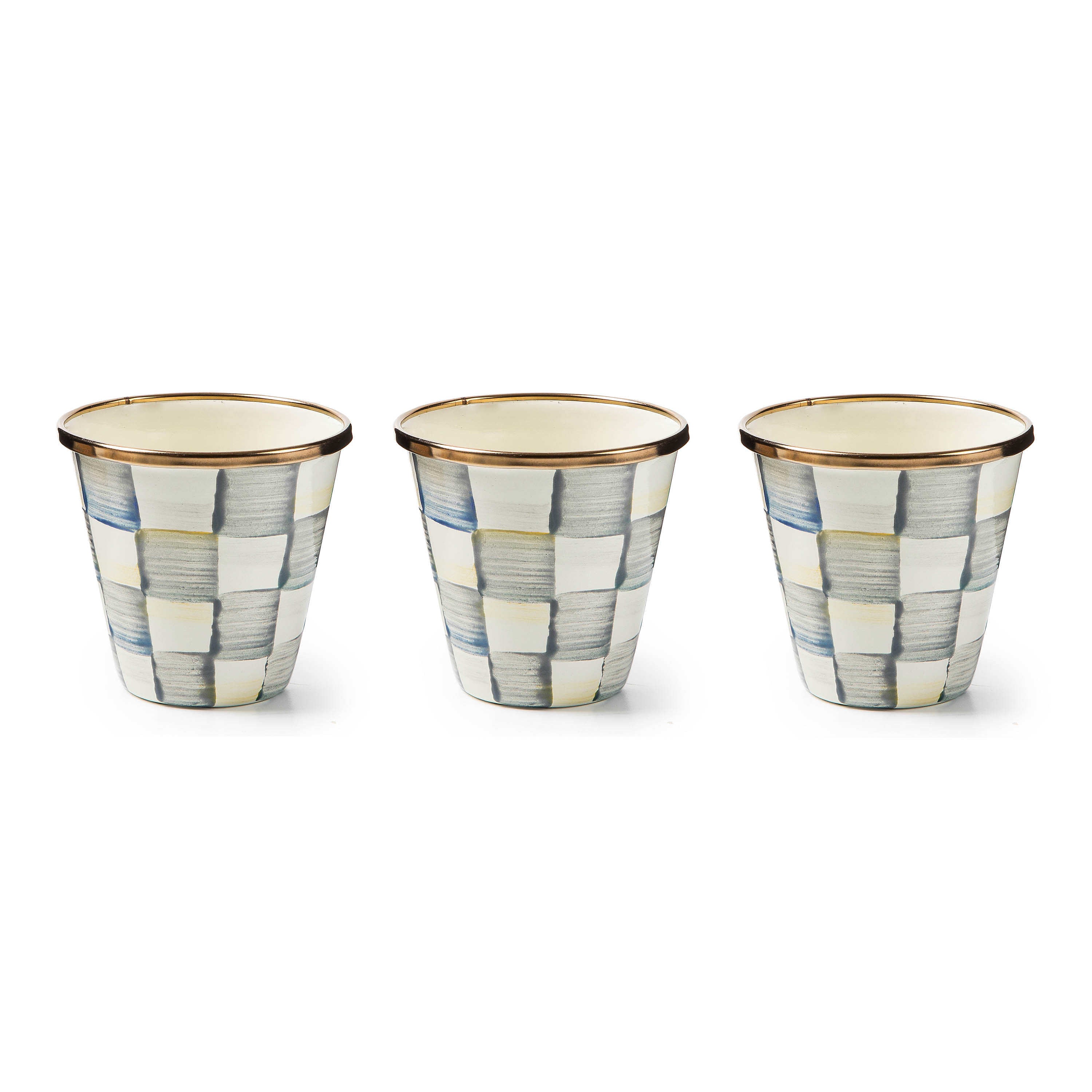 Three Sterling Check enamel herb pots with hand-painted grey and white checks and gold-tone rims.
