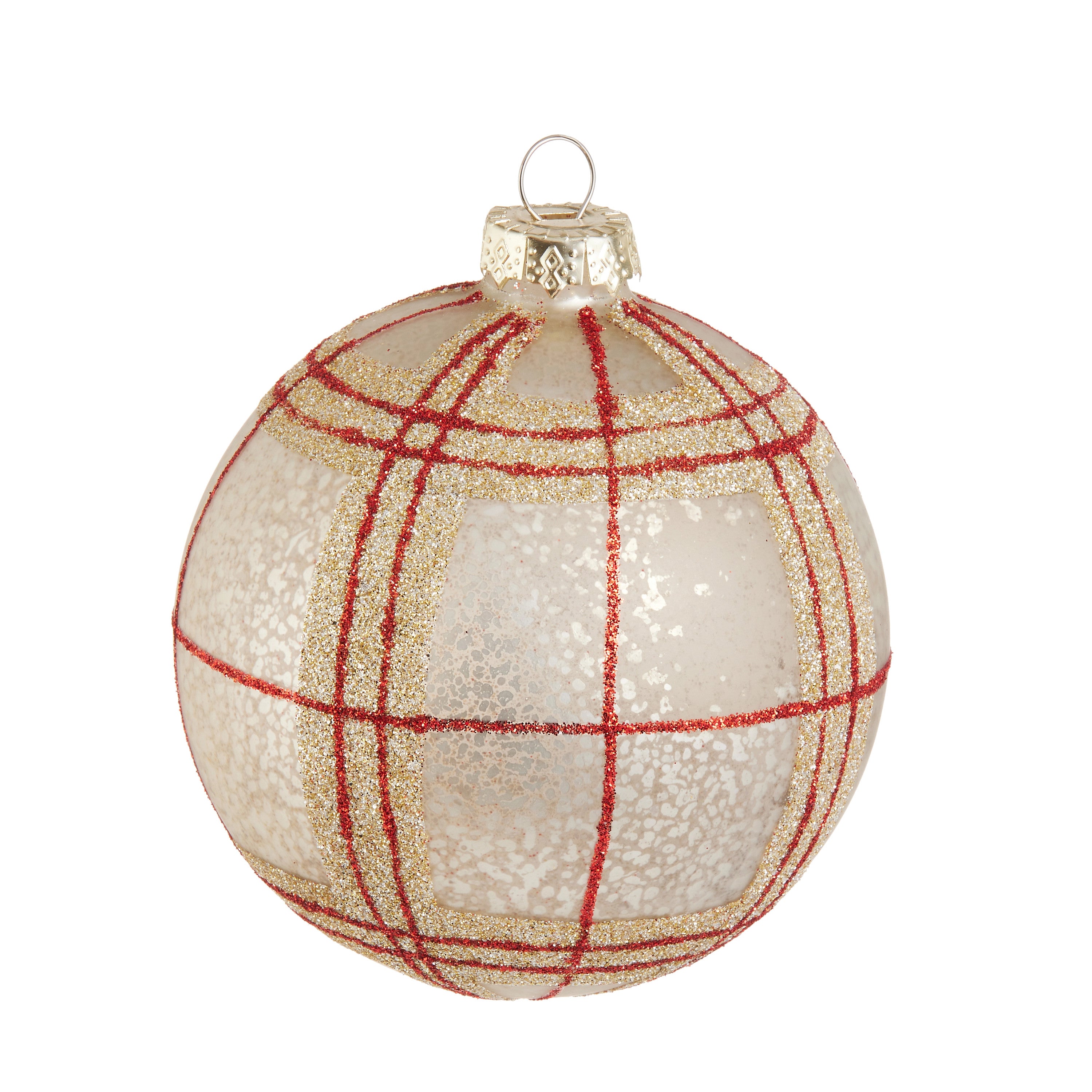 4-inch frosted glass ball ornament with a gold and red glitter plaid pattern.