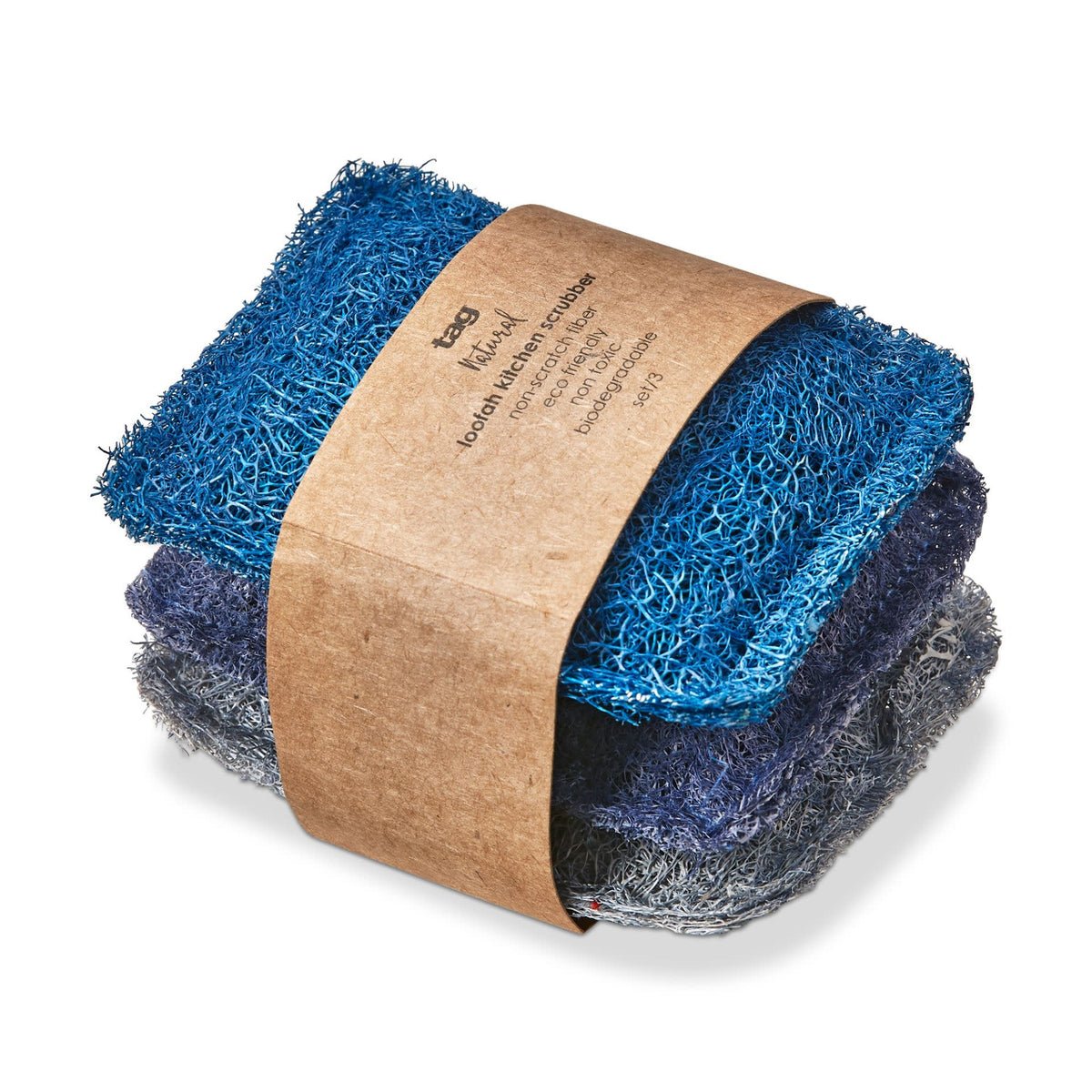 Set of three blue loofah kitchen scrubbers with vegetable dye accents.