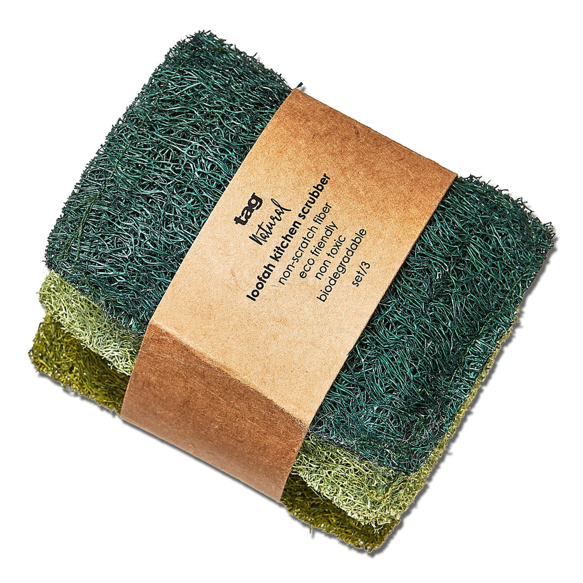 Set of three green loofah kitchen scrubbers with vegetable dye accents