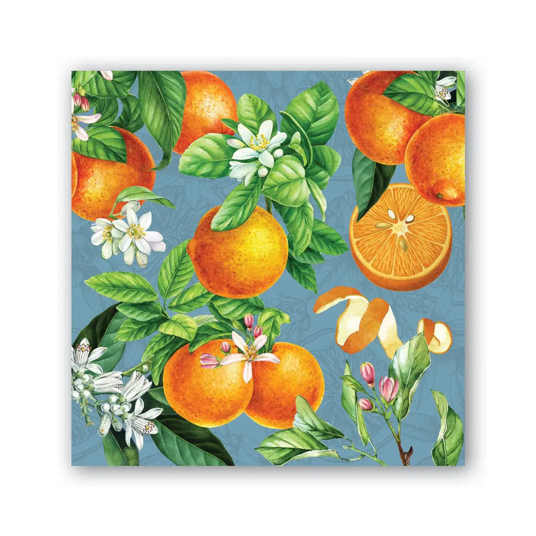 Orange cocktail napkin with white floral botanical print on triple-ply material.
