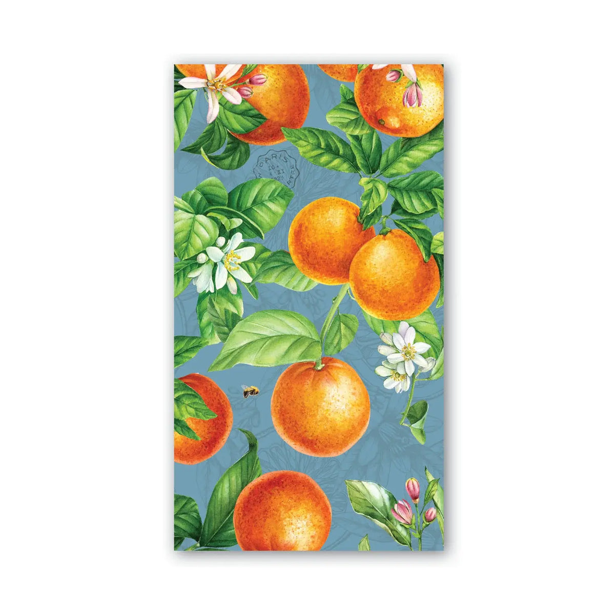 Pack of Hostess napkins in orange with a subtle floral pattern.