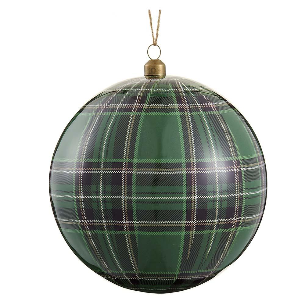 Green and navy blue plaid plastic ball ornament with a gold metal cap and hanging loop.