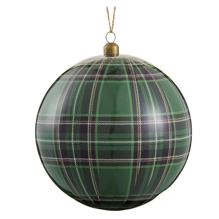 Green and navy blue plaid plastic ball ornament with a gold metal cap and hanging loop.