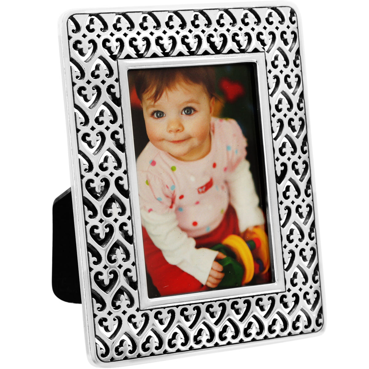 Silver plated rectangular frame holding a photo with dimensions 3-3/8 inches wide by 4-3/8 inches tall.
