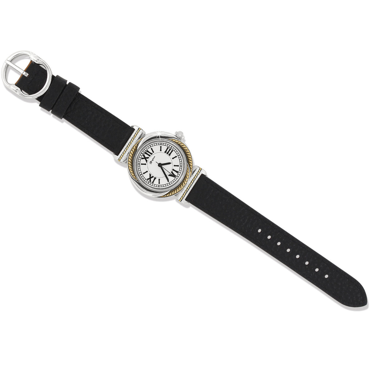 Reversible leather watch with gold roping casing in black and brown tones