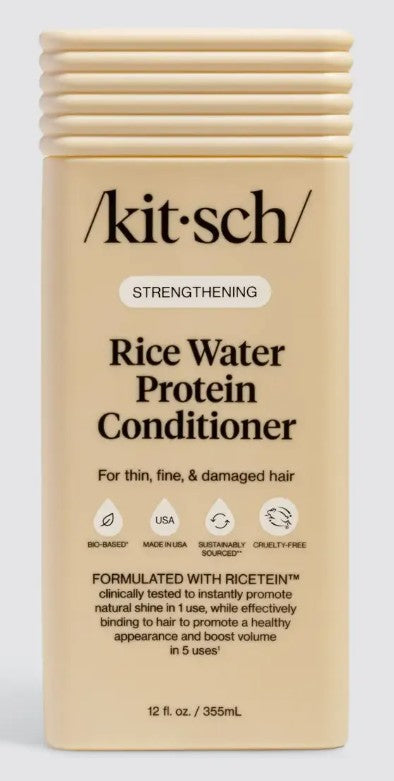 Kitsch Strengthening Rice Water Protein Conditioner in a 12 fl. oz. beige rectangular bottle.