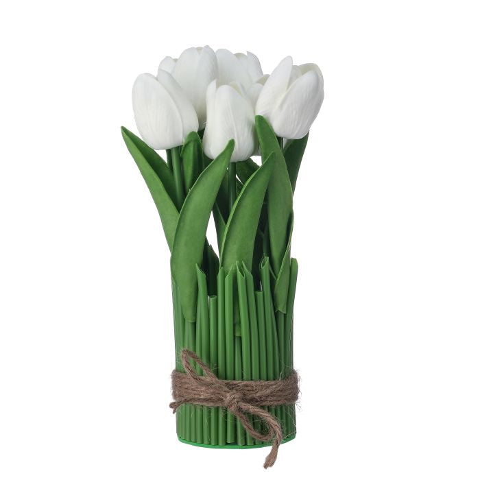9-inch Eva tulip centerpiece with leaves in bright sunny yellow