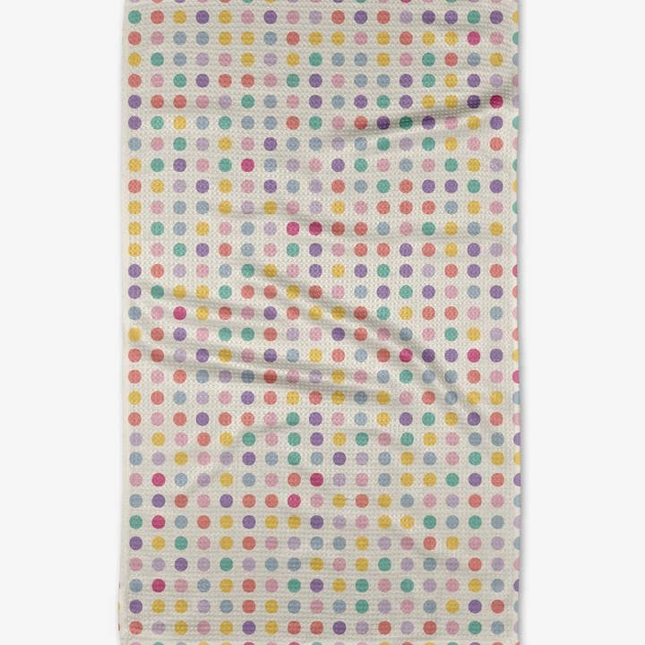 Recycled polyester waffle weave tea towel with single-sided dots pattern in white