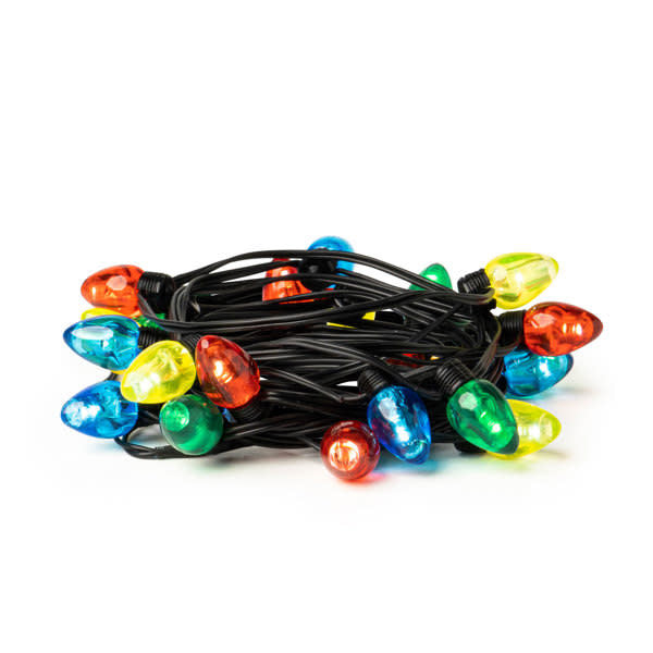 Nine-foot multicolor LED string light strand with connectable bulbs.
