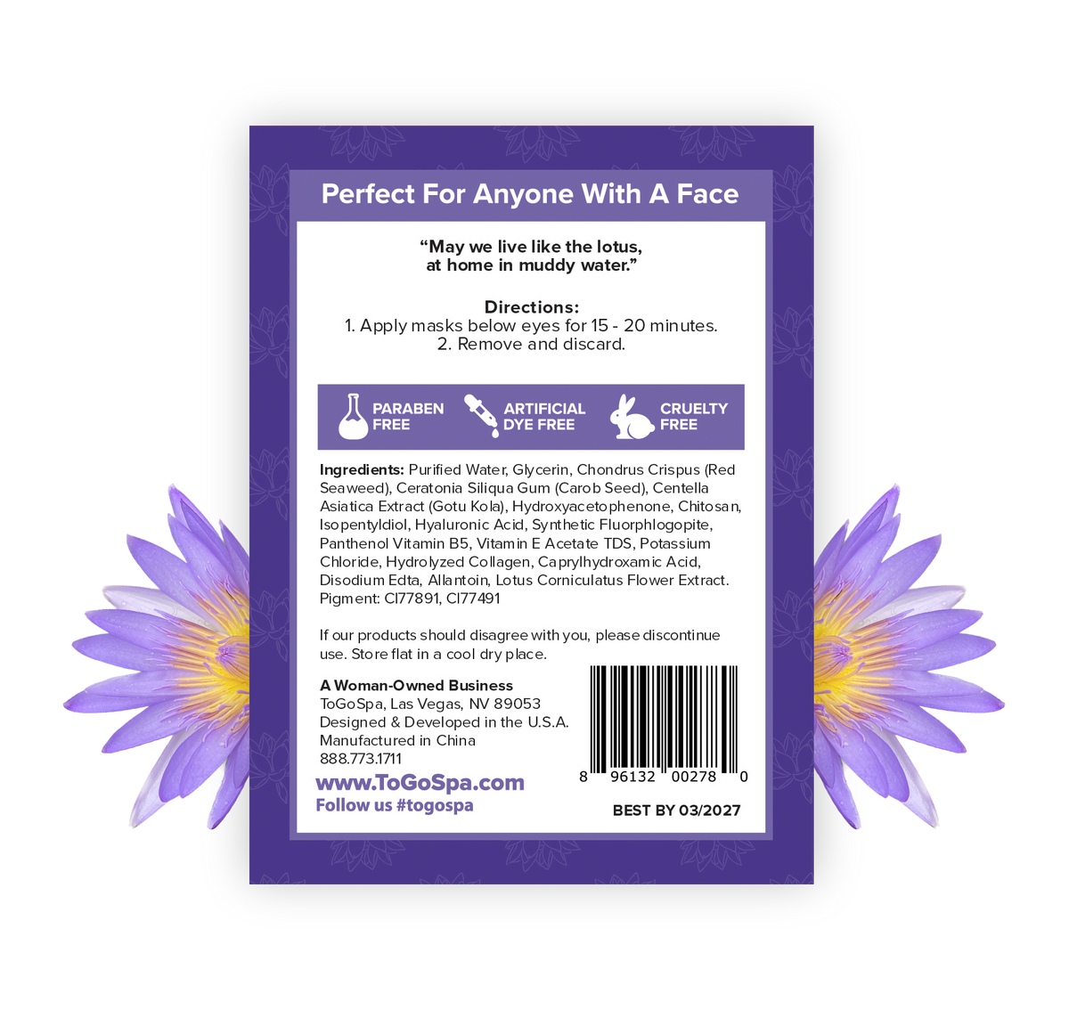 Two white gel eye pads with a lotus flower motif on the packaging.