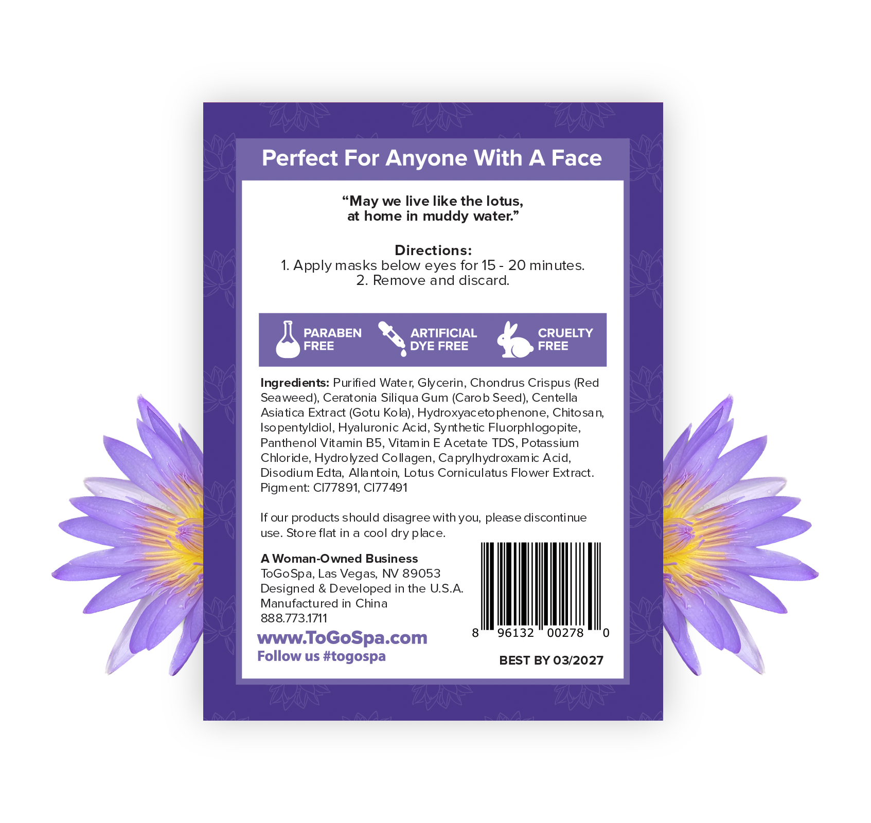Two white gel eye pads with a lotus flower motif on the packaging.