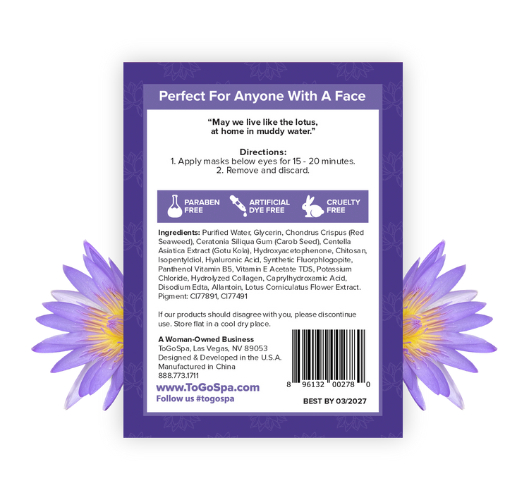 Two white gel eye pads with a lotus flower motif on the packaging.